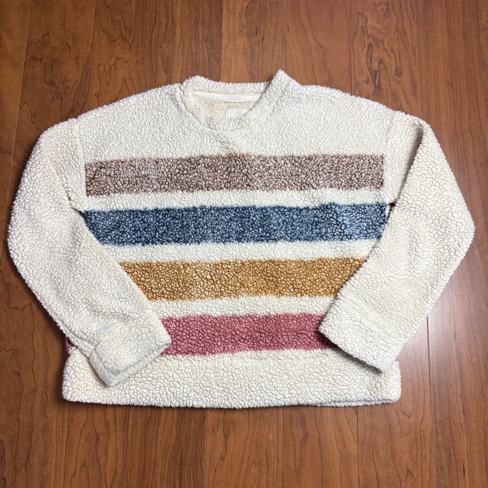 Harper Heritage Striped Sherpa Fleece Pullover Sweatshirt Cream Multi Small